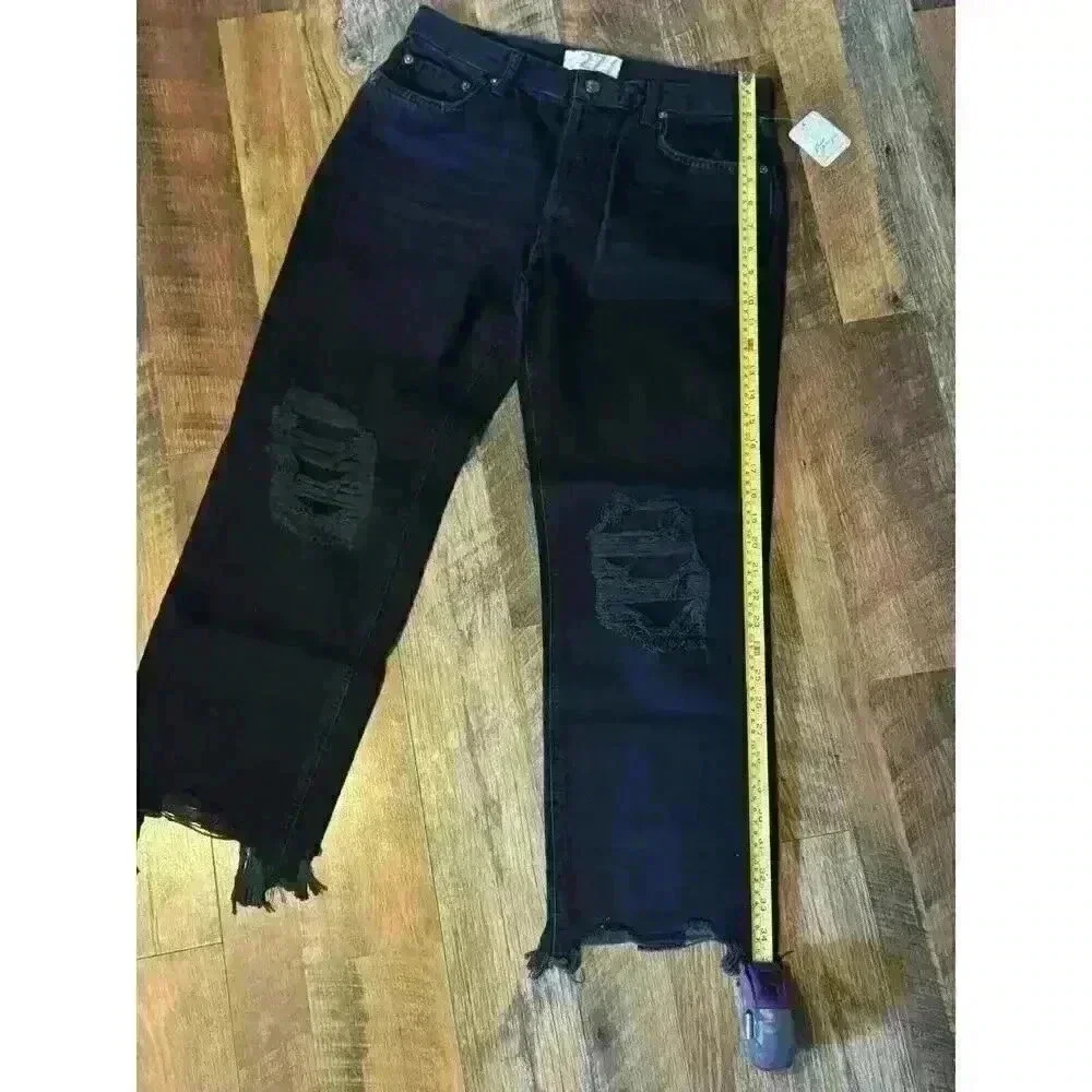 FREE‎ PEOPLE Maggie Mid Rise Straight -Leg Jeans In Washed Black SIZE 27